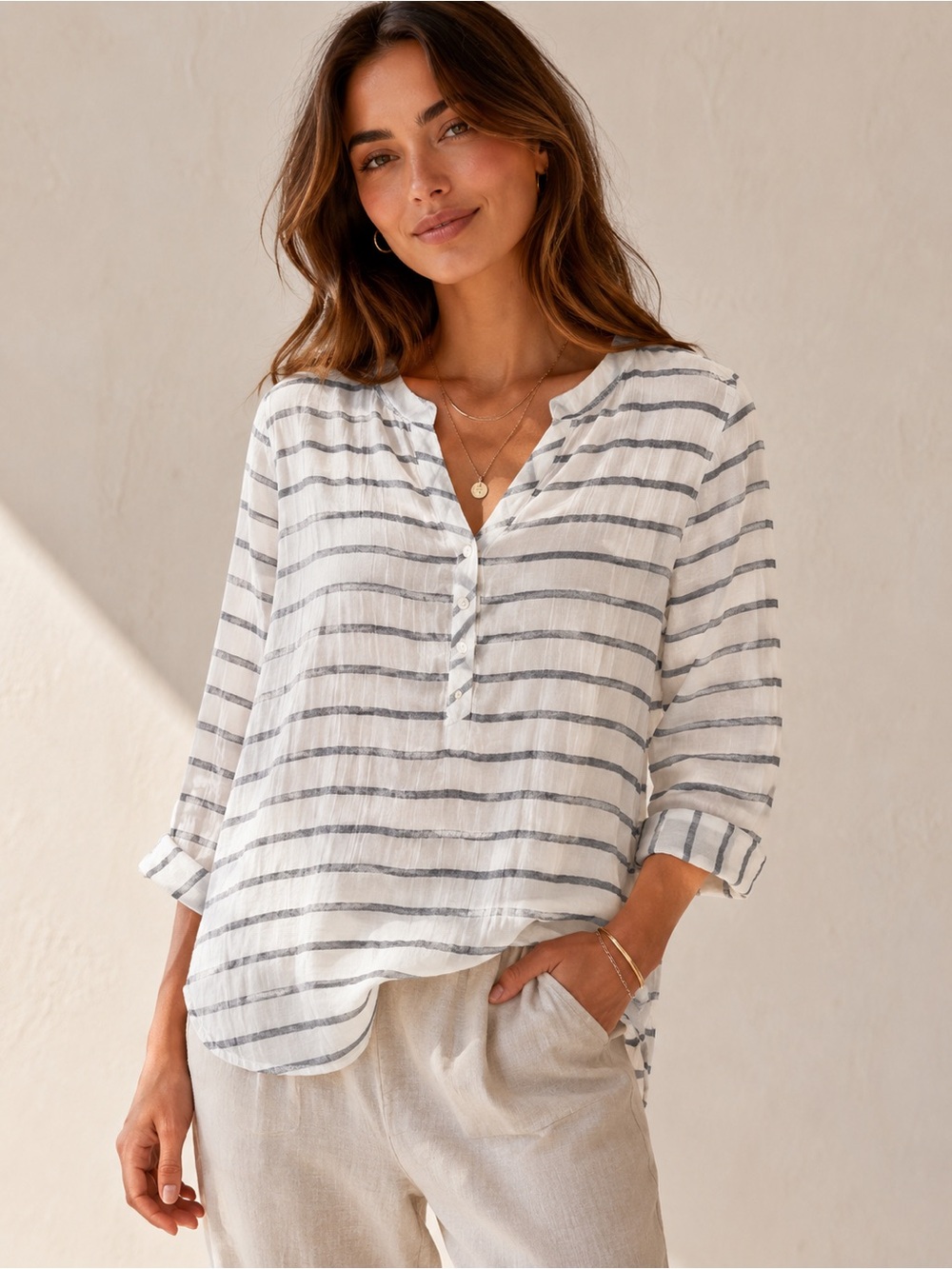 St. John's Bay White Tunic Top with Gray Stripes